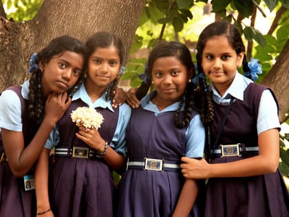 Four girls in school uniform standing together outdoors